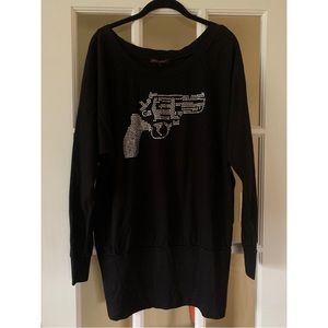 Betsey Johnson black silver rhinestone gun tunic shirt M